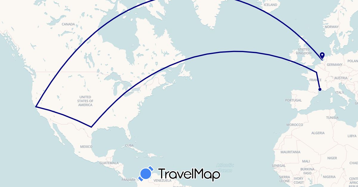 TravelMap itinerary: driving in France, Netherlands, United States (Europe, North America)